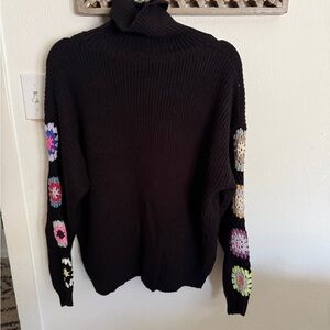 Black Sweater with Colorful Crochet Accents